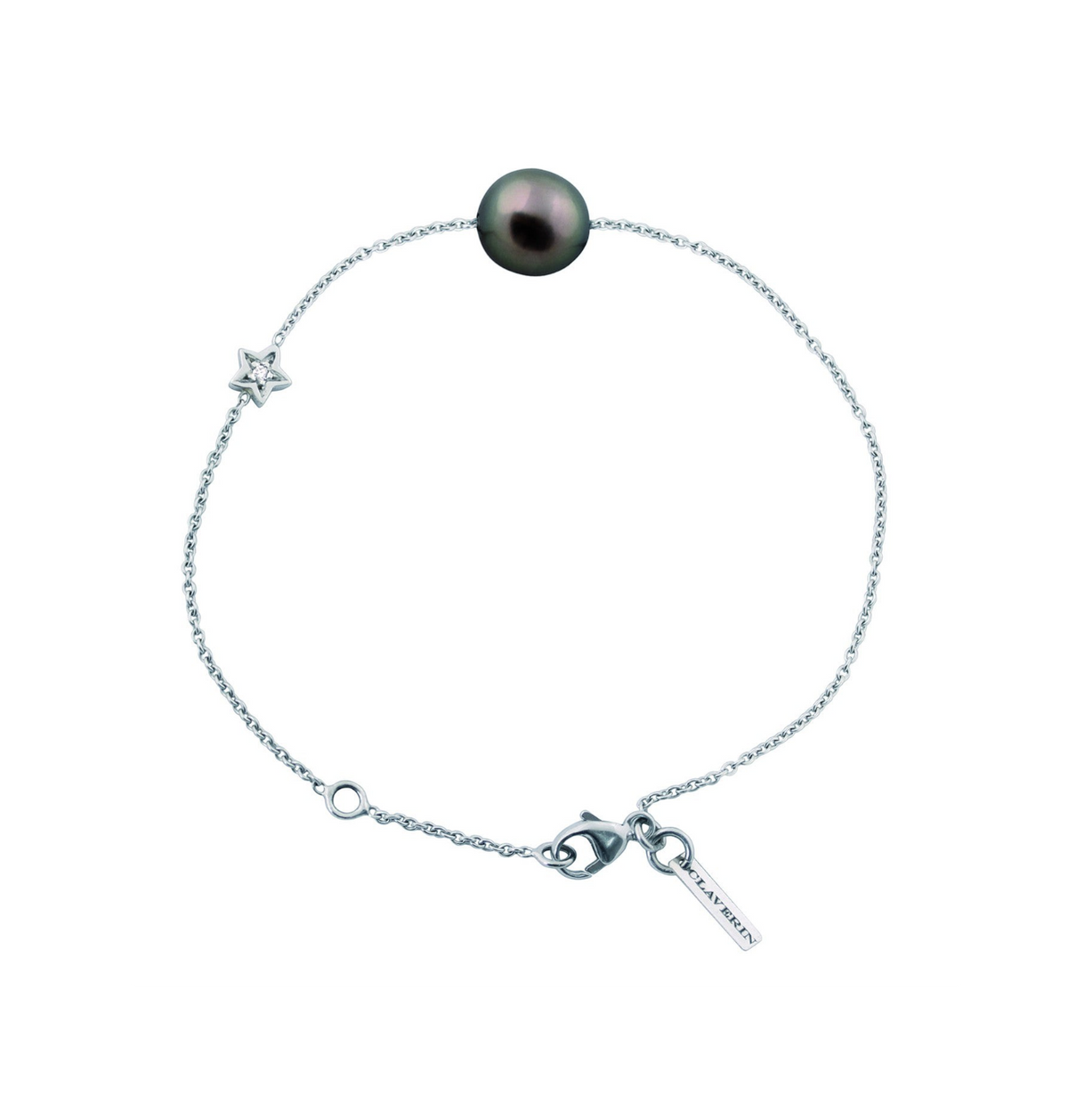 Bracelet Claverin en or blanc 18 carats avec perle noire de Tahiti et motif étoile serti d'un diamant