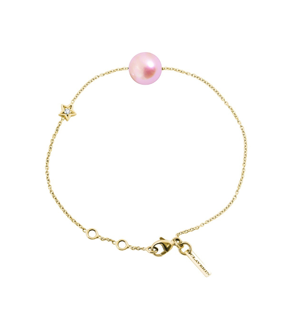 Bracelet Claverin en or jaune 18 carats avec perle rose et motif étoile orné d'un diamant de la collection Kiss