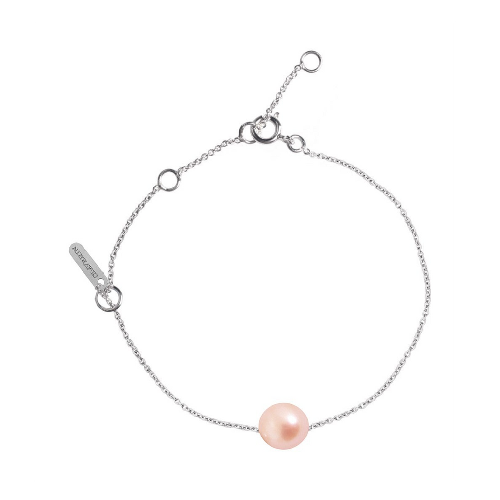 Bracelet Claverin Simply en or blanc 18 carats avec une perle rose centrale de 9 mm sur fine chaîne ajustable