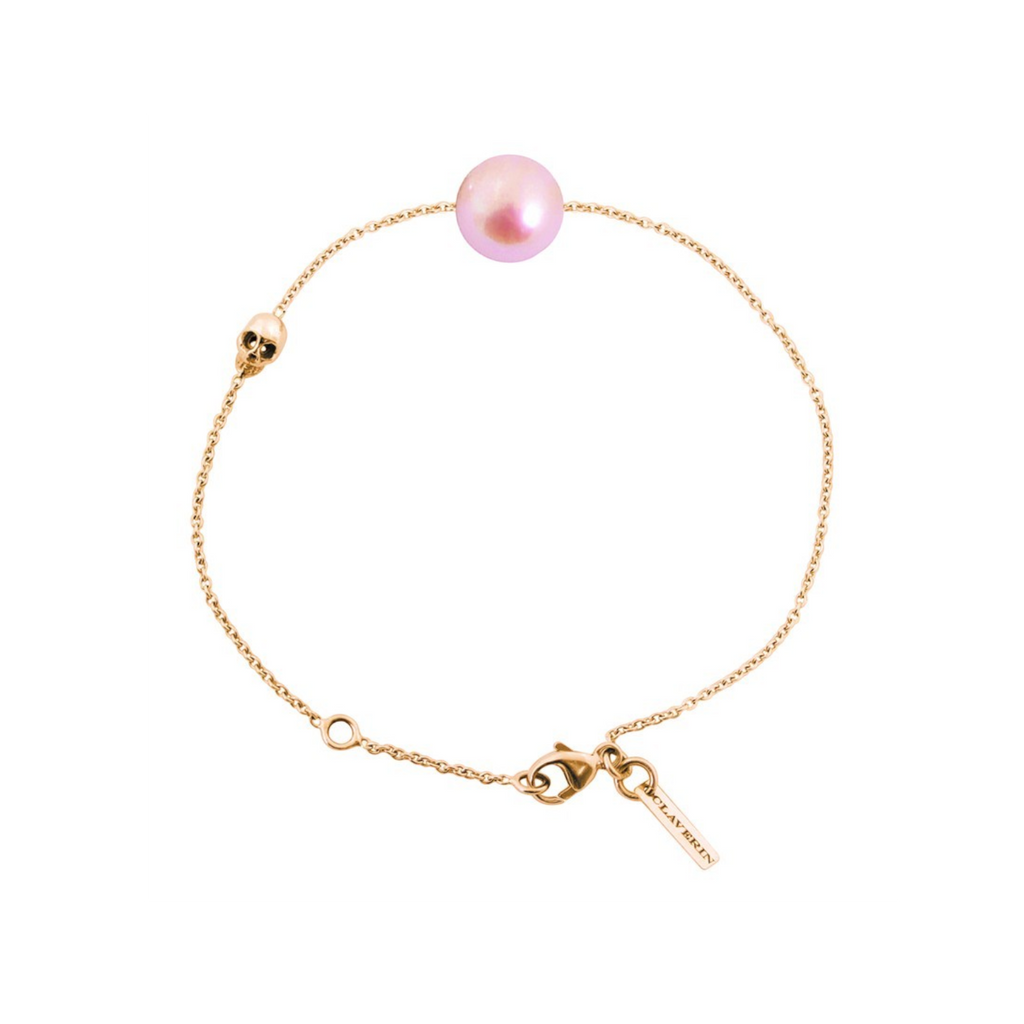Bracelet Claverin en or jaune 18 carats avec perle rose et motif tête de mort, longueur ajustable 17,5 cm