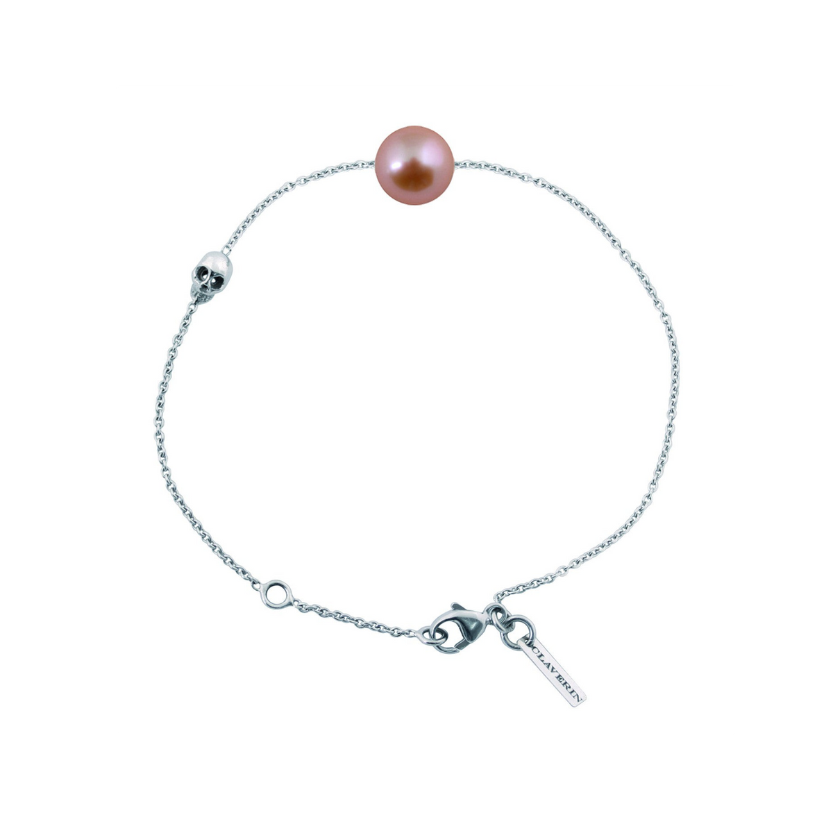 Bracelet Claverin en or blanc 18 carats avec perle rose et motif tête de mort sur fine chaîne ajustable