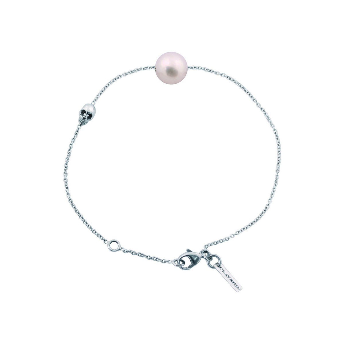 Bracelet Claverin en or blanc 18 carats avec une perle blanche et un motif tête de mort délicat