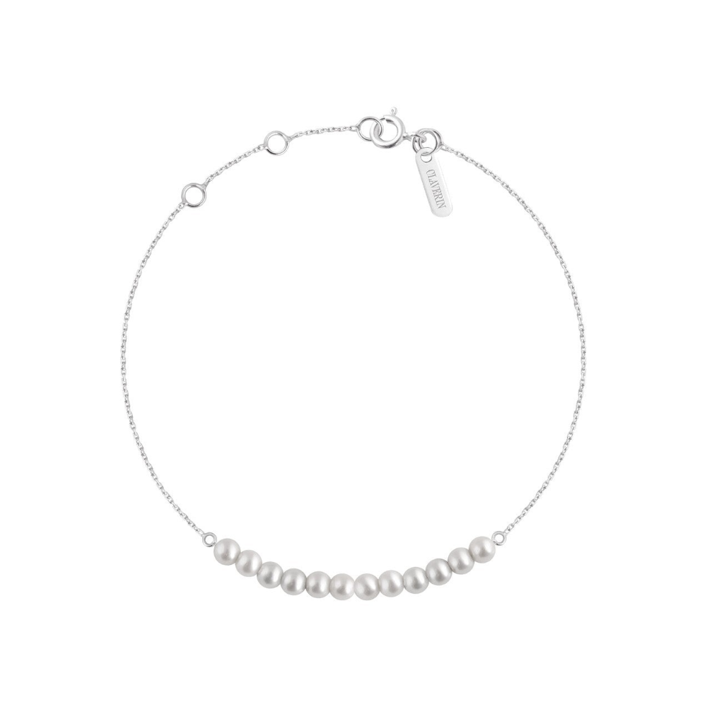 Bracelet Claverin Mini Rock my pearls en or blanc 18 carats avec une ligne de perles de culture blanches fines