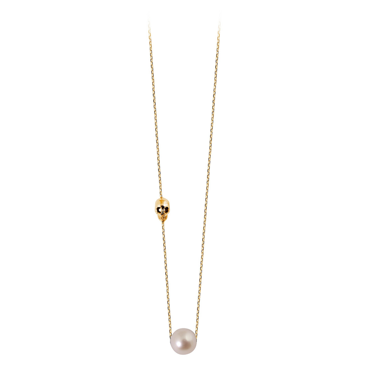 Collier Claverin en or jaune 18 carats avec pendentif perle blanche et motif tête de mort, collection Kiss