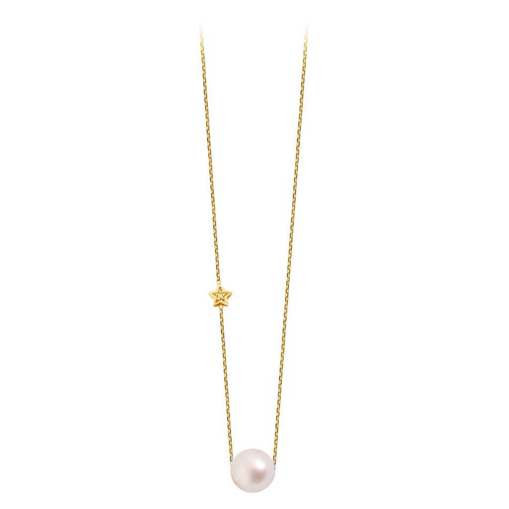 Collier Claverin Diamond Star en or jaune 18 carats avec perle blanche et motif étoile serti d'un diamant