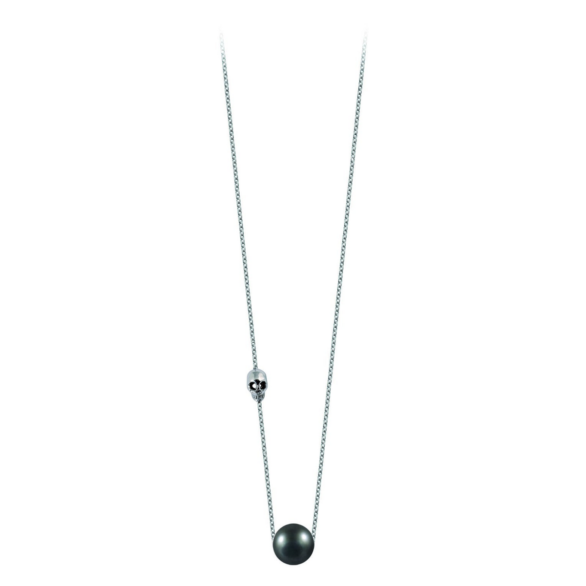 Collier Claverin en or blanc 18 carats avec perle noire de Tahiti et pendentif tête de mort de la collection Kiss