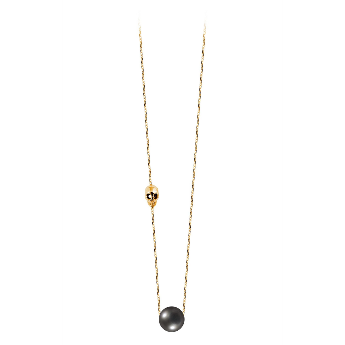 Collier Claverin en or jaune 18 carats avec perle noire de Tahiti et pendentif tête de mort, longueur 42 cm