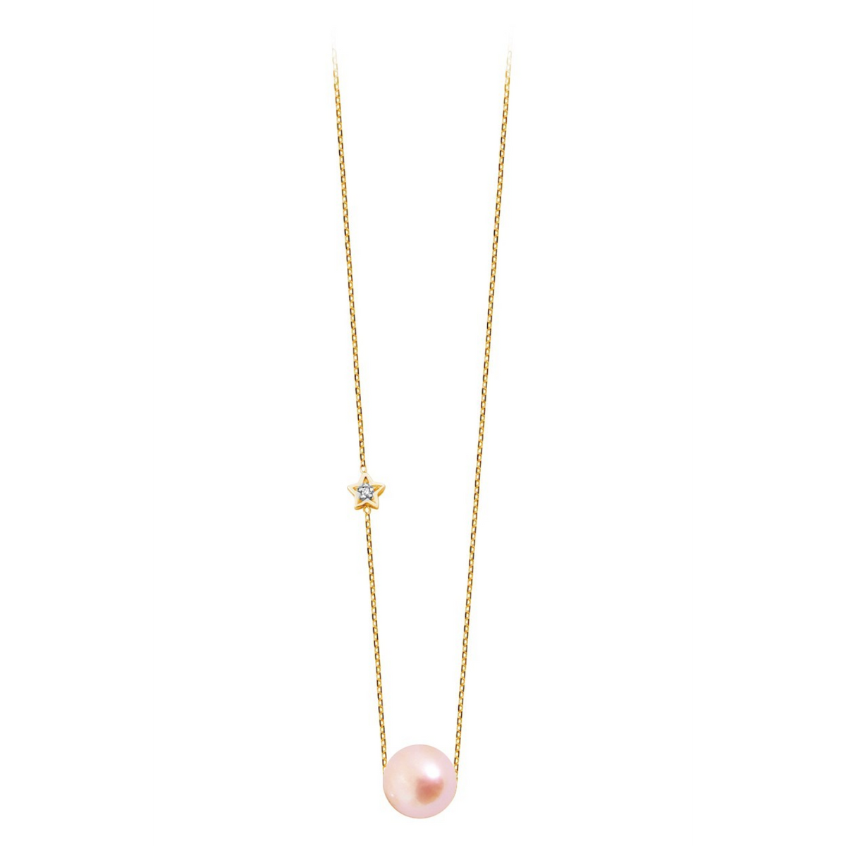 Collier Claverin en or jaune 18 carats avec perle rose et pendentif étoile serti d'un diamant de 0,018 carats