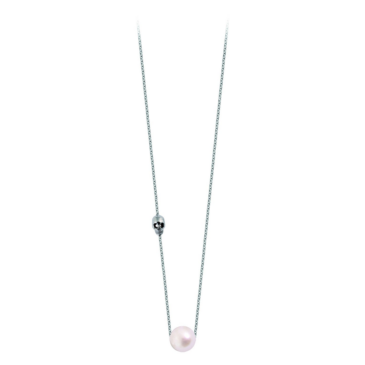 Collier Claverin Pearly Skull avec perle blanche et pendentif tête de mort en or blanc 18 carats sur fine chaîne