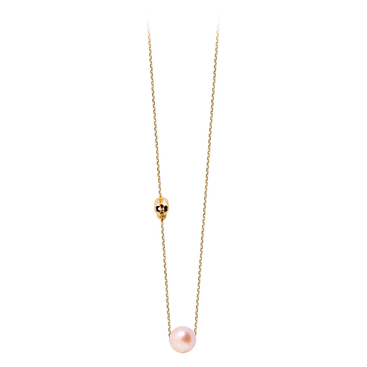 Collier Claverin Pearly Skull en or jaune 18 carats avec perle rose et pendentif tête de mort, longueur 42 cm