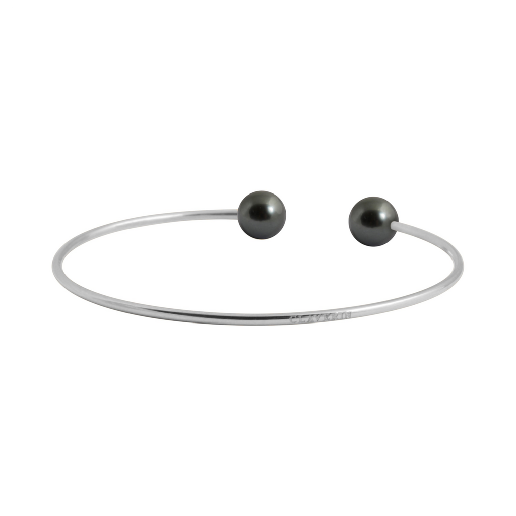 Bracelet jonc souple Claverin en or blanc 18 carats avec deux perles noires élégantes aux extrémités