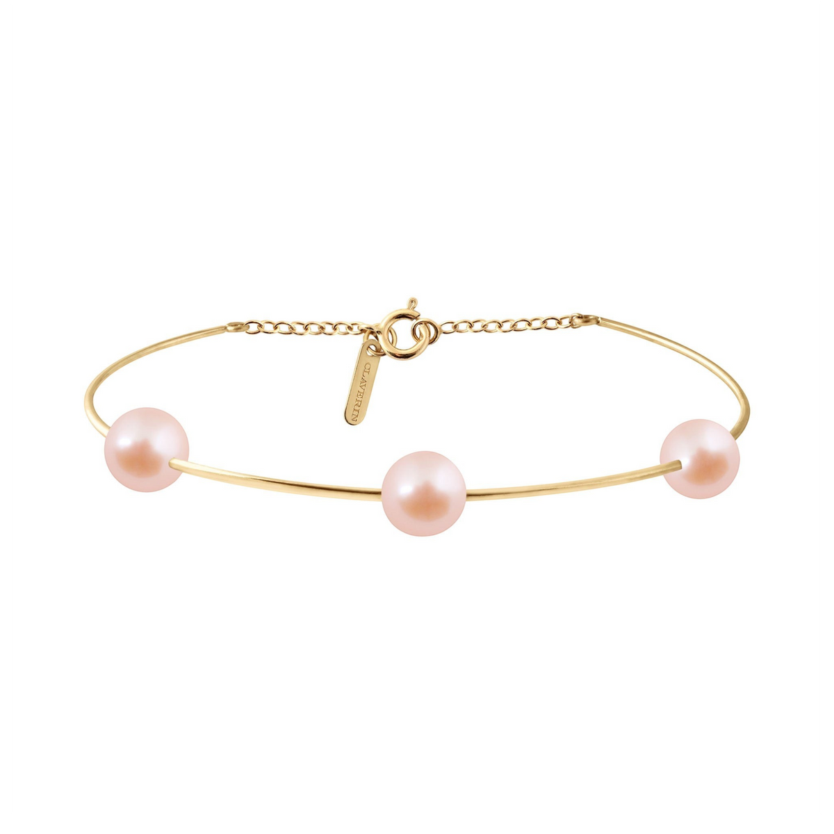Bracelet jonc Claverin en or jaune 18 carats orné de trois perles roses, ajustable avec fermoir et chaînette.